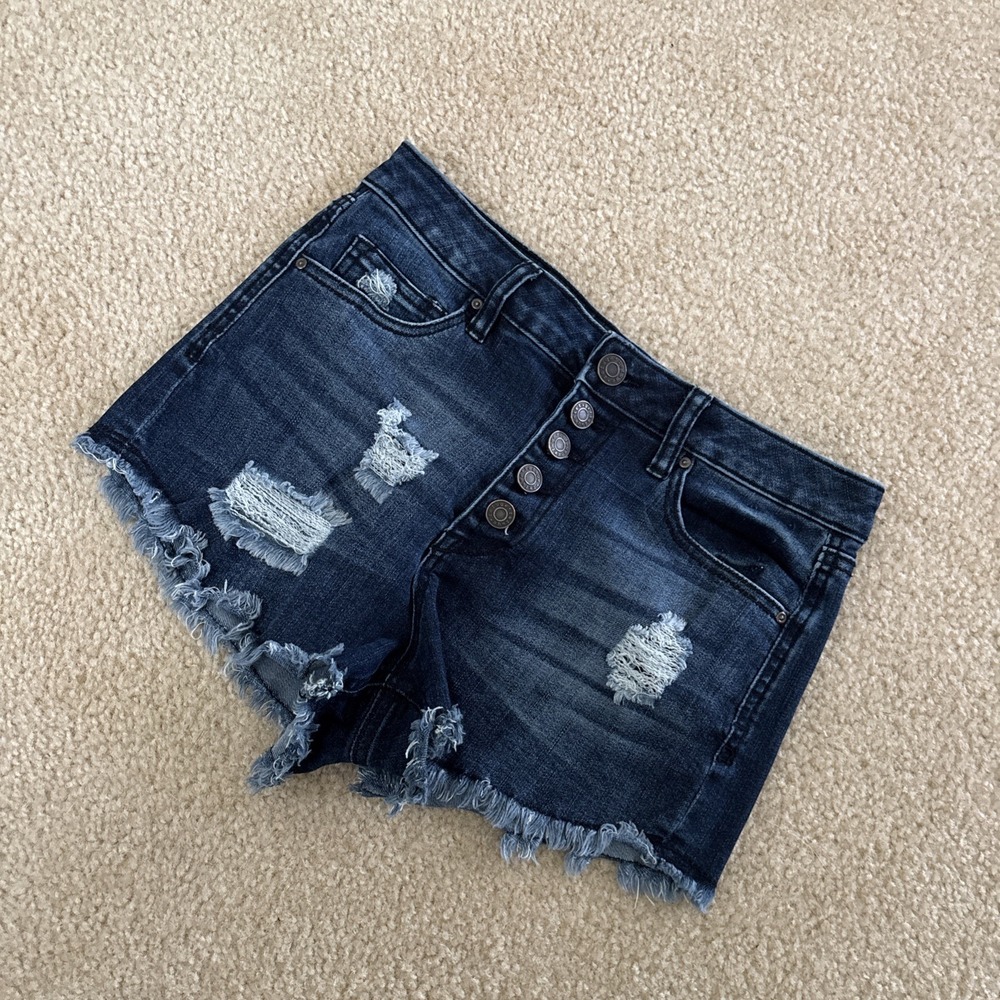 refuge Womens Denim Cut Off Shorts 2 Blue Dark Wash Distressed High Rise Stretch